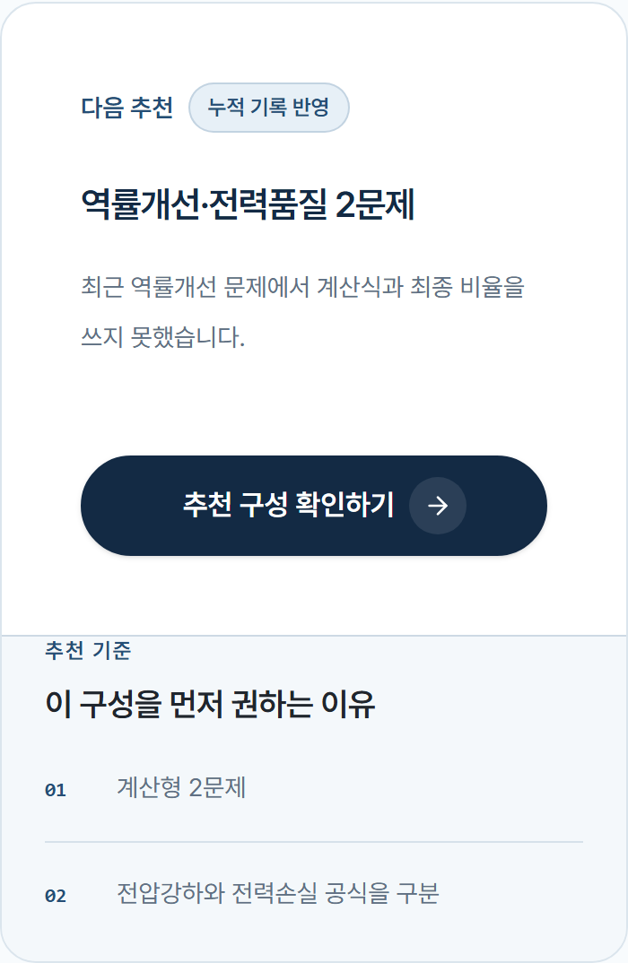 누적 풀이 기록을 반영한 다음 문제 구성과 추천 이유가 보이는 화면